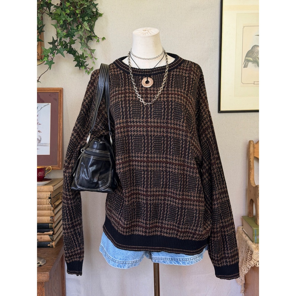 VTG Plaid Sweater XL Brown Black Acrylic Knit Crewneck Oversized Indie Grunge